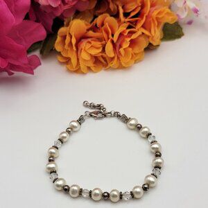 925 Sterling Silver White Natural Pearl Bracelet 8" Adj. Lobster Clasp 7mm